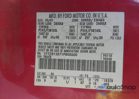 2001 Ford Ranger Edge/Xlt из США, поврежденный, VIN 1FTZR15E71PB00600